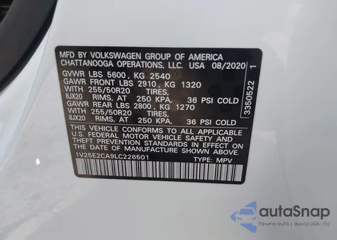 2020 Volkswagen Atlas Cross Sport 3.6L V6 Se W/Technology/3.6L V6 Se W/Technology R-Line из США, поврежденный, VIN 1V25E2CA9LC226501